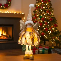 KOOPMAN Ange de Noël lumineux à piles (H50 cm) Gladys fourrure Dé Or Clearance