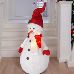 KOOPMAN Bonhomme de neige lumineux à piles (H120 cm) Pliable pailleté Rouge