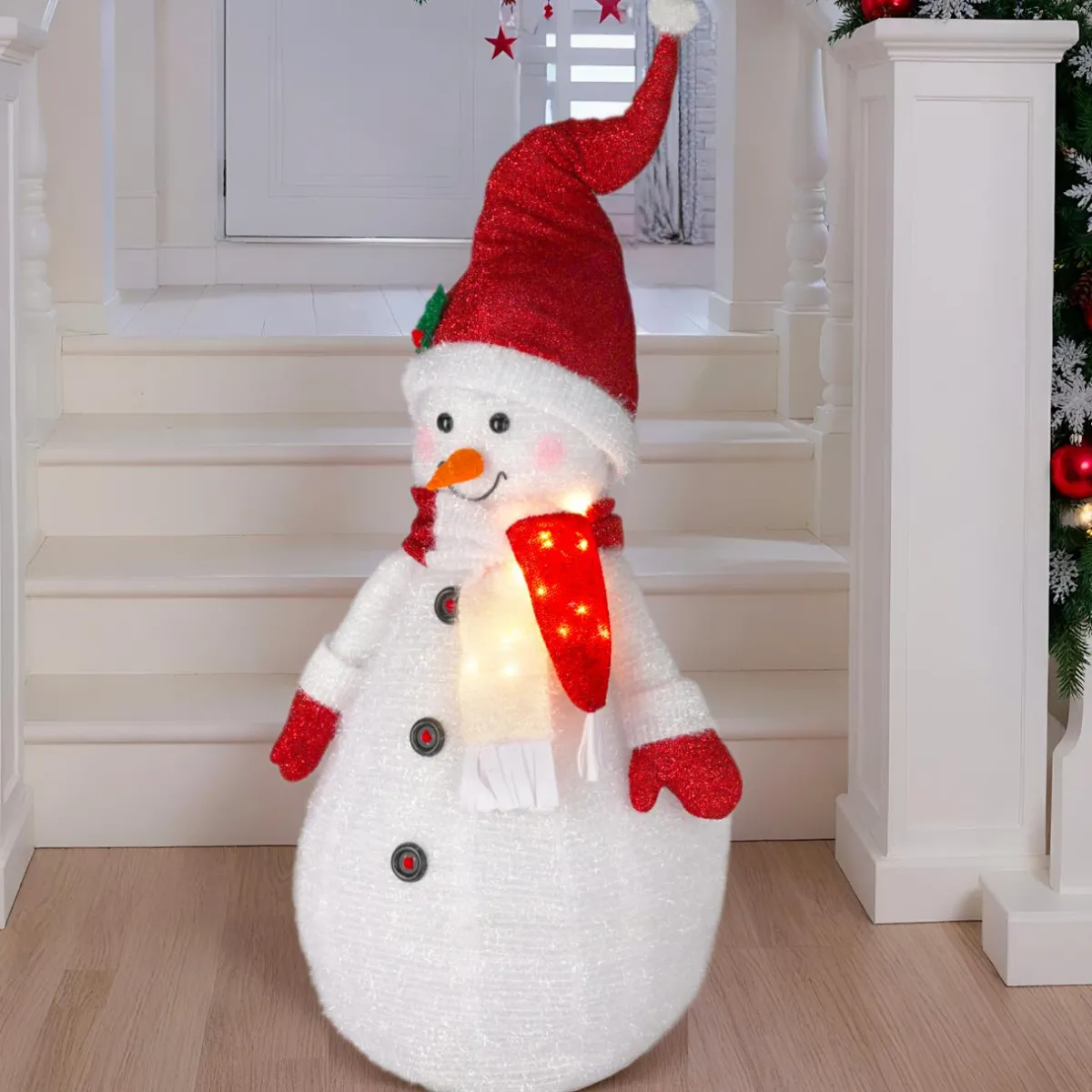 KOOPMAN Bonhomme de neige lumineux à piles (H120 cm) Pliable pailleté Rouge