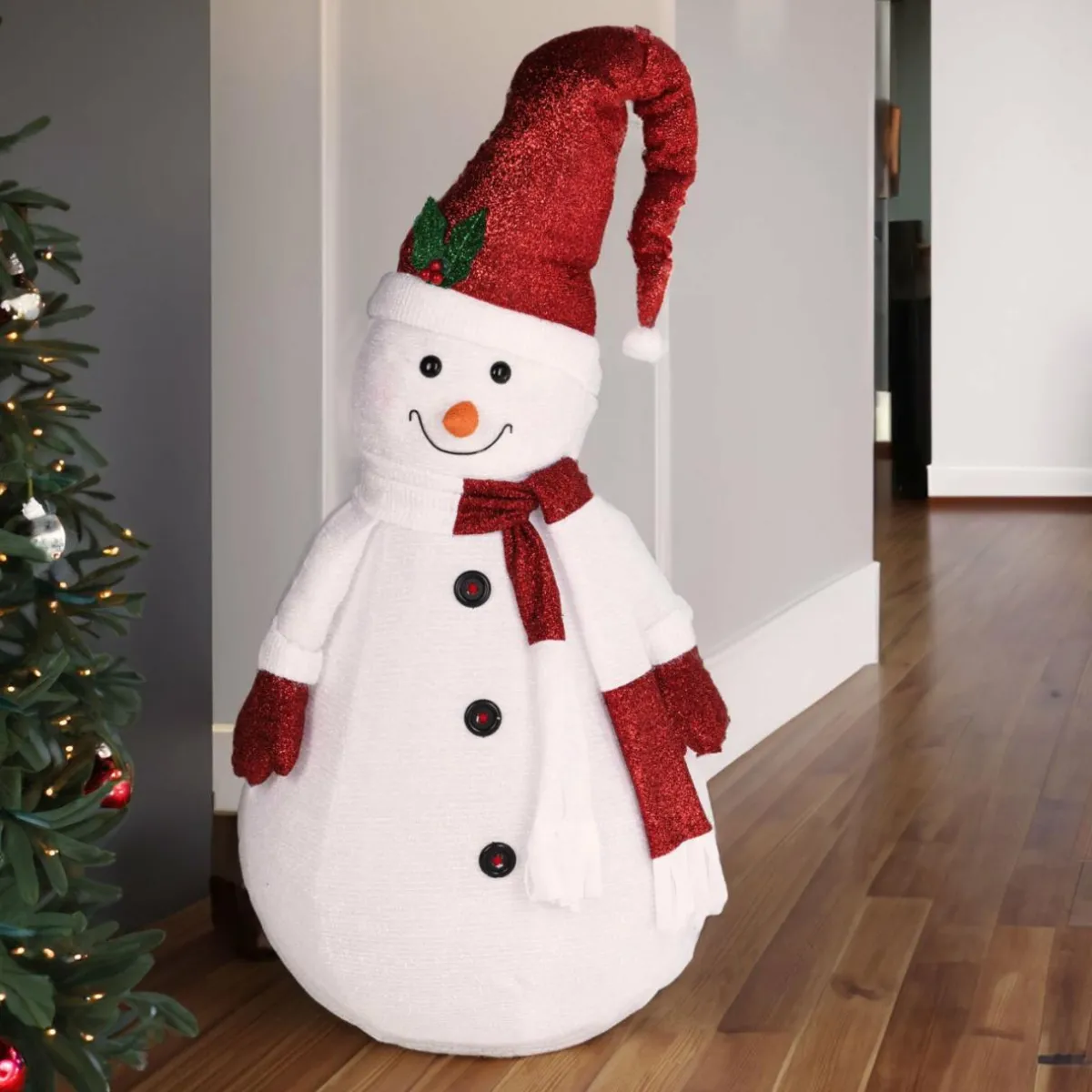 KOOPMAN Bonhomme de neige lumineux à piles (H140 cm) Pliable pailleté Rouge Clearance