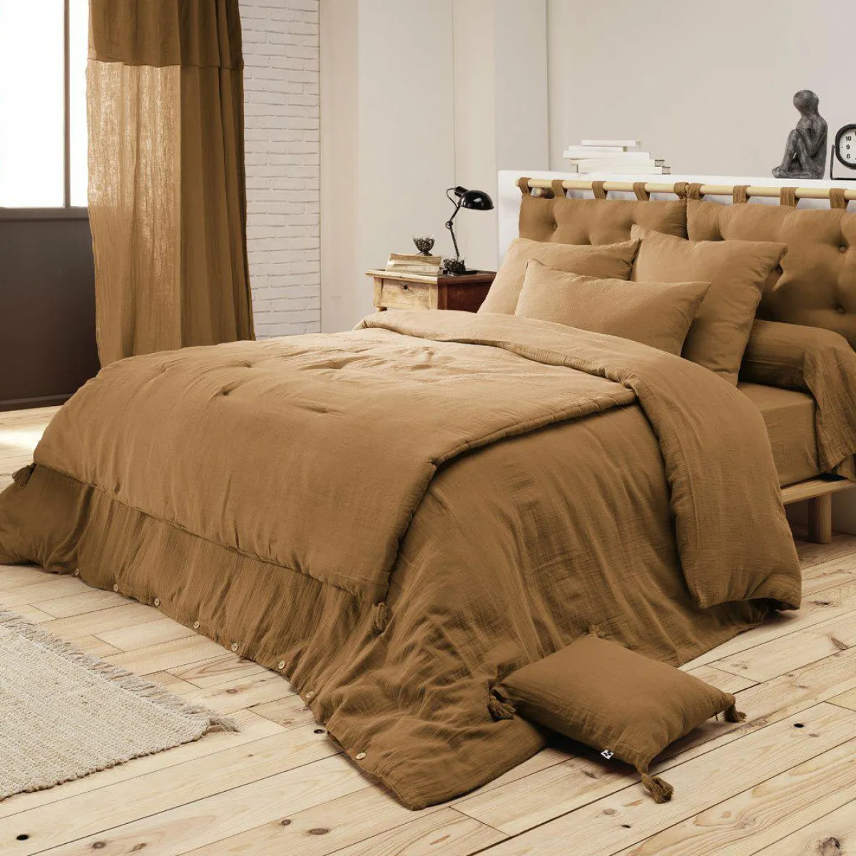 EMINZA Cache-sommier Gaze de coton (160 x 200 cm) Gaïa Camel New
