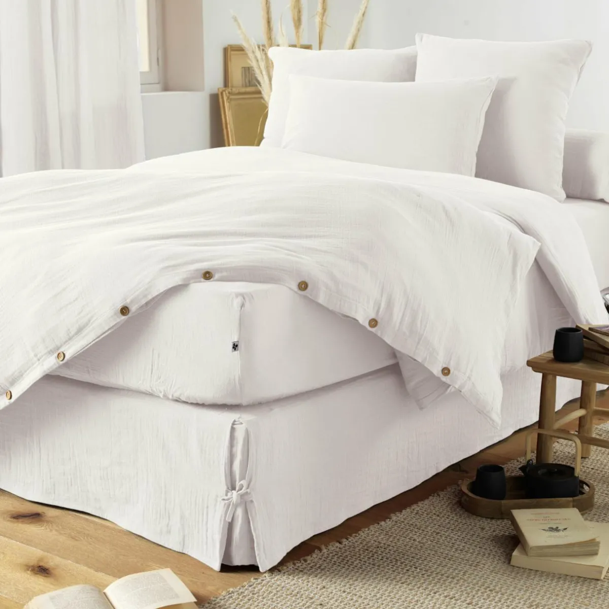 EMINZA Cache-sommier Gaze de coton (140 x 190 cm) Gaïa chantilly Blanc New