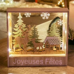 Feeric Lights & Christmas Cadre en bois lumineux à piles (H16 cm) Rennes Blanc chaud New