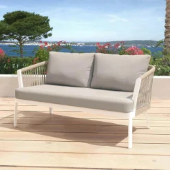 MOBELLIA Canapé de jardin en aluminium 2 places Amalfi Blanc et taupe Blanc - Taupe New