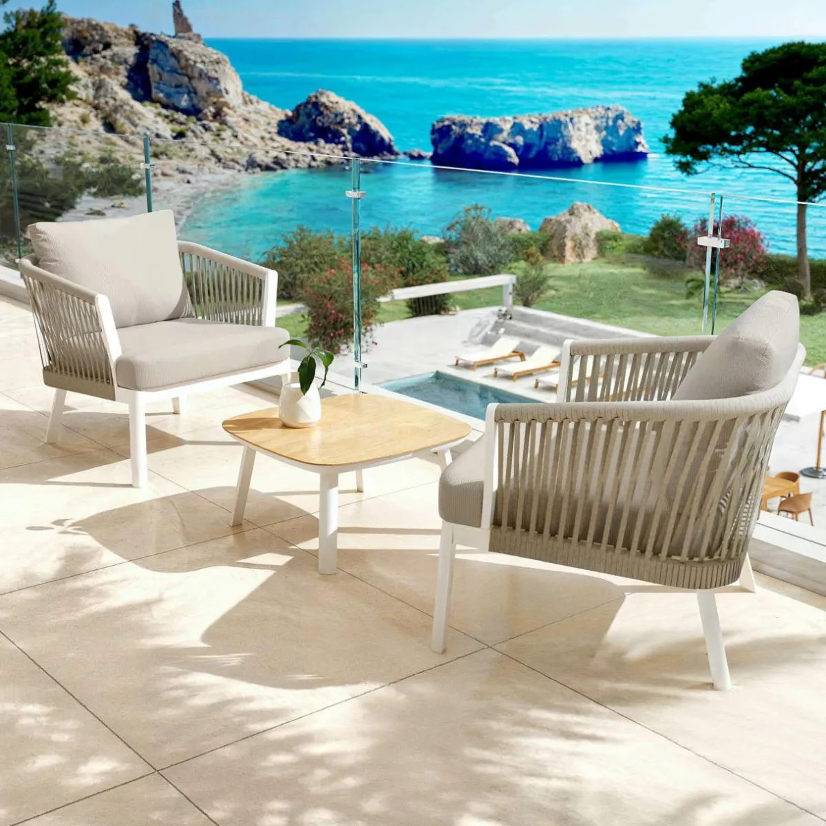MOBELLIA Canapé de jardin en aluminium 2 places Amalfi Blanc et taupe Blanc - Taupe New