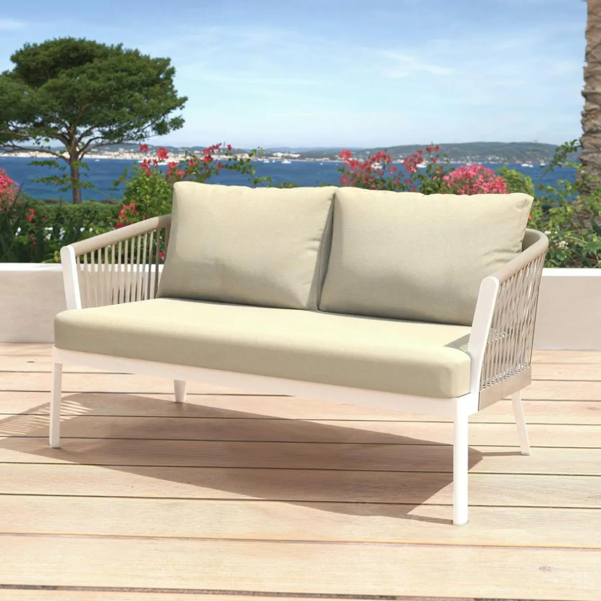 MOBELLIA Canapé de jardin en aluminium 2 places Amalfi Blanc et beige Blanc - Beige Hot