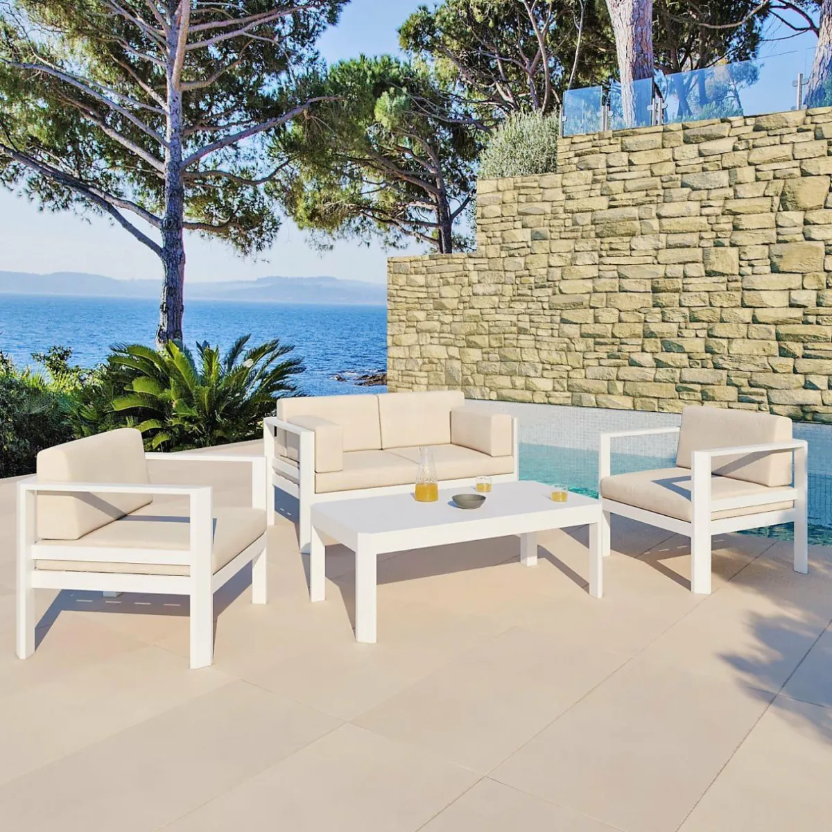 MOBELLIA Canapé de jardin en aluminium 2 places Ostara et taupe Blanc