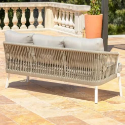 MOBELLIA Canapé de jardin en aluminium 3 places Amalfi Blanc et taupe Blanc - Taupe Outlet