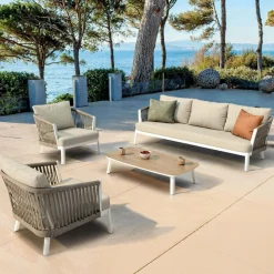 MOBELLIA Canapé de jardin en aluminium 3 places Amalfi Blanc et beige Blanc - Beige Hot