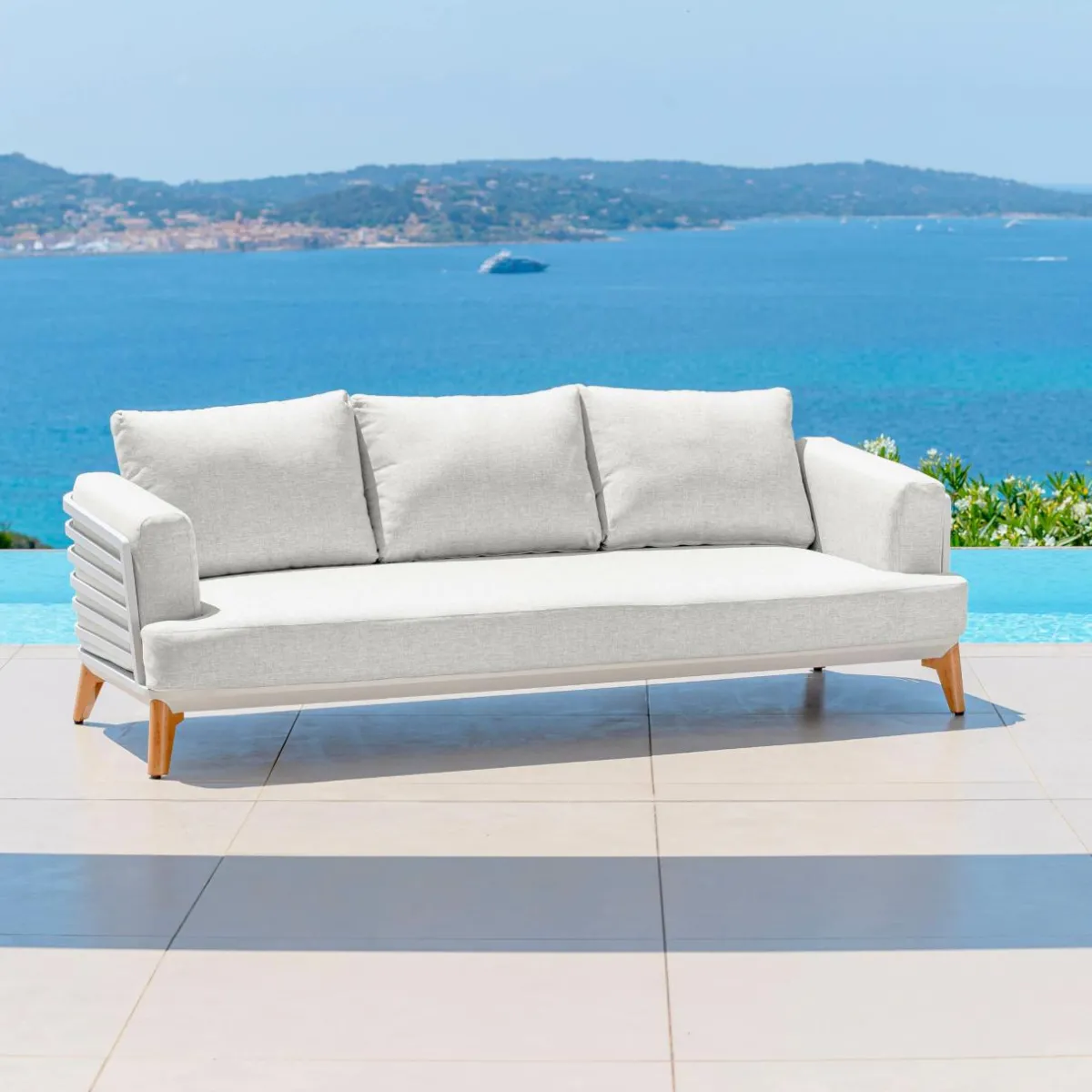 MOBELLIA Canapé de jardin en aluminium 3 places Monte Carlo Blanc et gris clair Blanc - Gris Clair Clearance