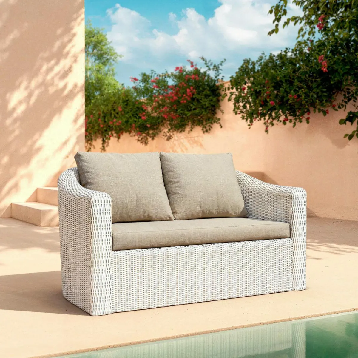 MOBELLIA Canapé de jardin en résine tressée 2 places Calvi Blanc et taupe Tressé Blanc - Taupe Outlet
