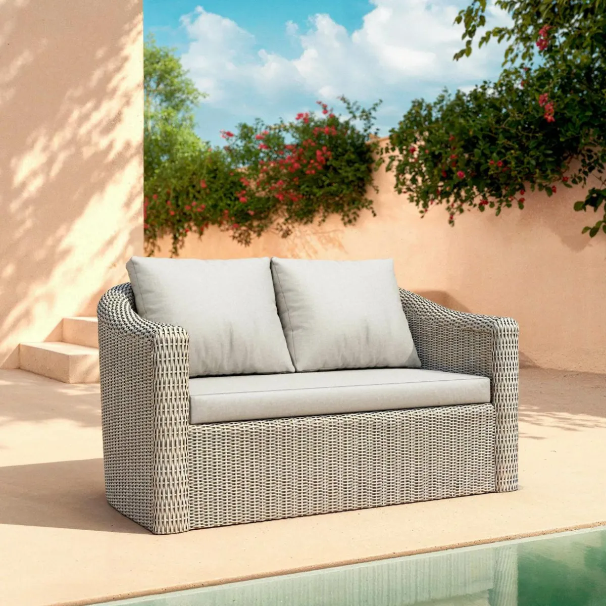 MOBELLIA Canapé de jardin en résine tressée 2 places Calvi Gris clair Tressé Gris - Gris clair Outlet