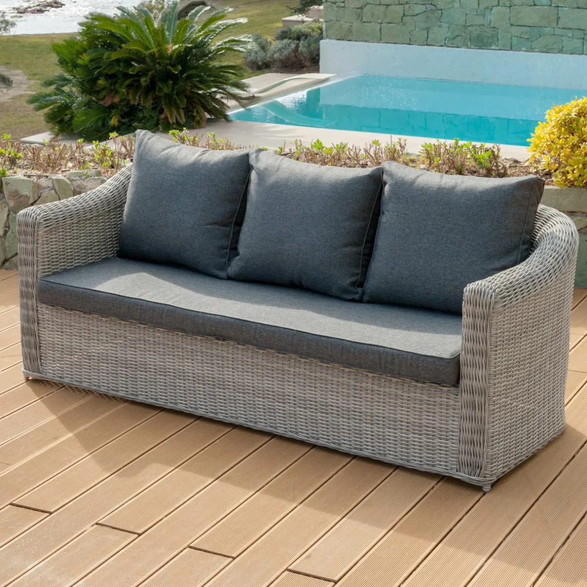 MOBELLIA Canapé de jardin en résine tressée 3 places Calvi Gris et gris foncé Tressé Gris - Anthracite Best