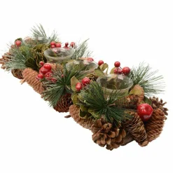 KAEMINGK Centre de table 4 photophores (48 cm) Pommes de pin et baies Rouge Discount