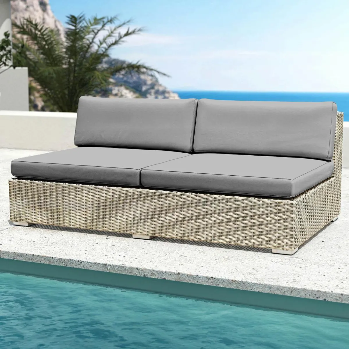 MOBELLIA Chauffeuse de jardin en résine tressée 2 places Palma Gris et anthracite Tressé Gris - Anthracite Discount