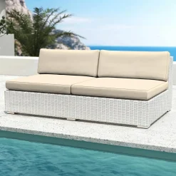 MOBELLIA Chauffeuse de jardin en résine tressée 2 places Palma Blanc et beige Tresse Blanc - Beige Sale