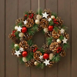 Feeric Lights & Christmas Couronne de Noël (D35 cm) Houx baies et étoiles Rouge Online