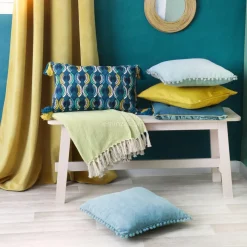 ATMOSPHERA Coussin carré (40 x 40 cm) Pompons Bleu canard Online