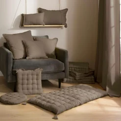EMINZA Coussin carré coton (45 x 45 cm) Pixel franges Taupe Discount