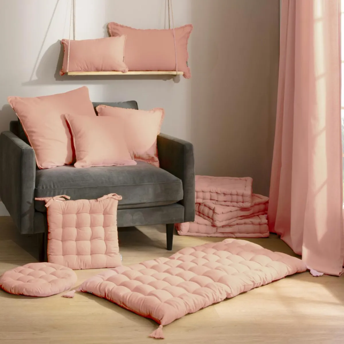 EMINZA Coussin carré coton (40 x 40 cm) Pixel Rose Pêche Hot