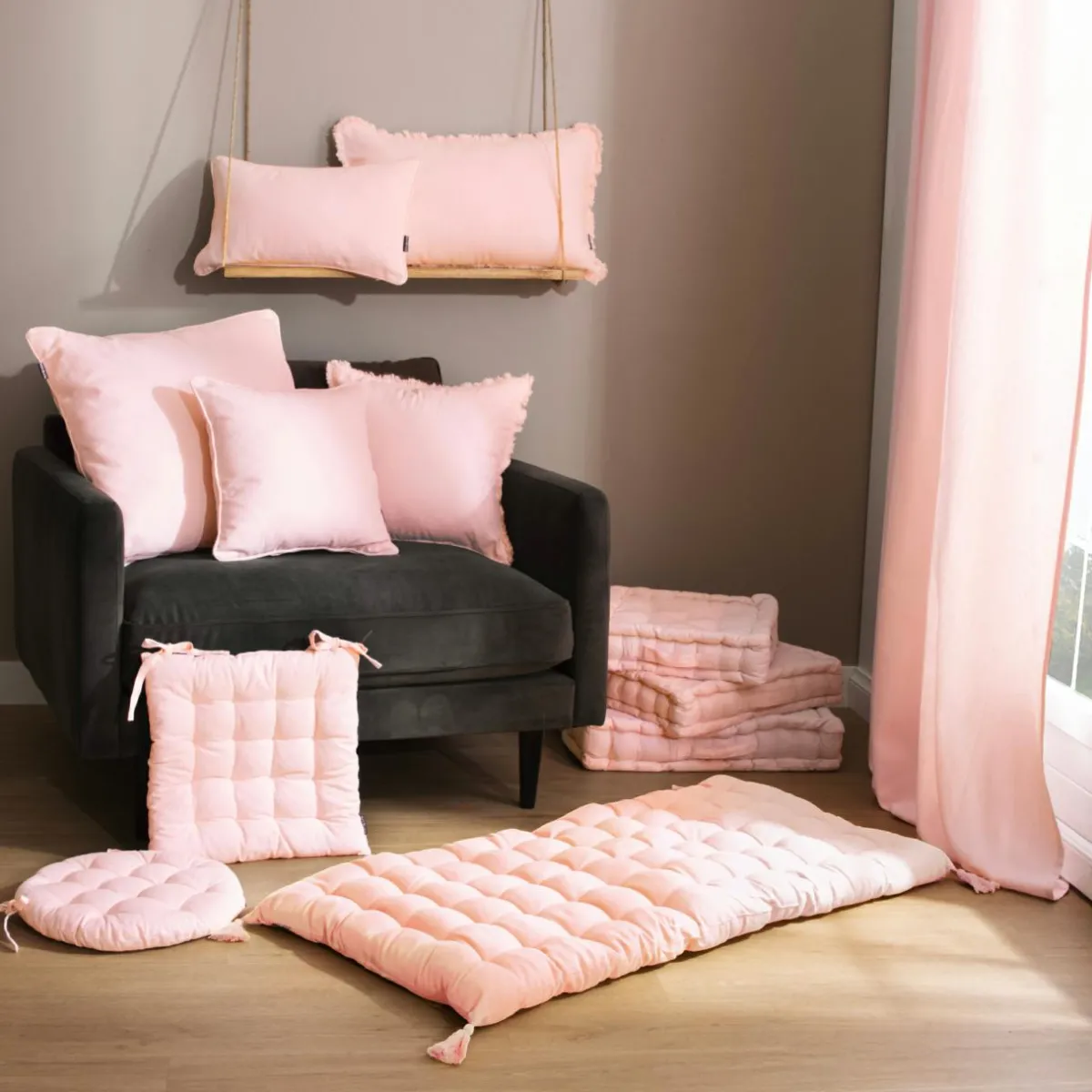 EMINZA Coussin carré coton (60 x 60 cm) Pixel Rose poudré Outlet