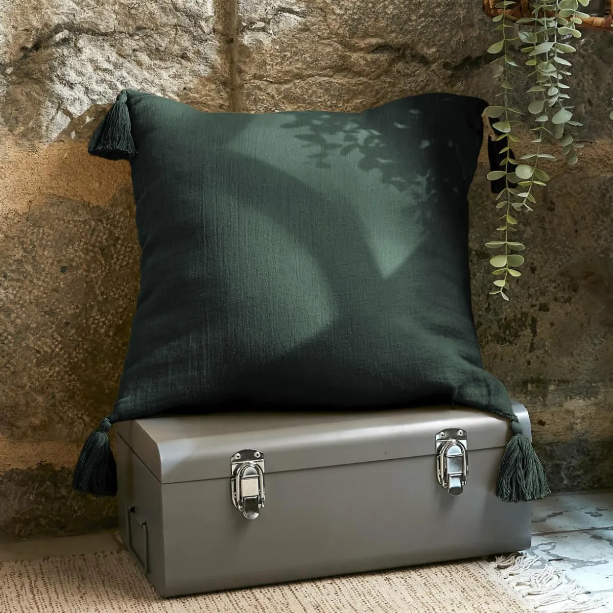 EMINZA Coussin carré gaze de coton (40 x 40 cm) Gaïa Vert sapin Discount