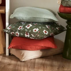 EMINZA Coussin carré gaze de coton (45 x 45 cm) Gaïa Marguerite Vert Romarin Outlet