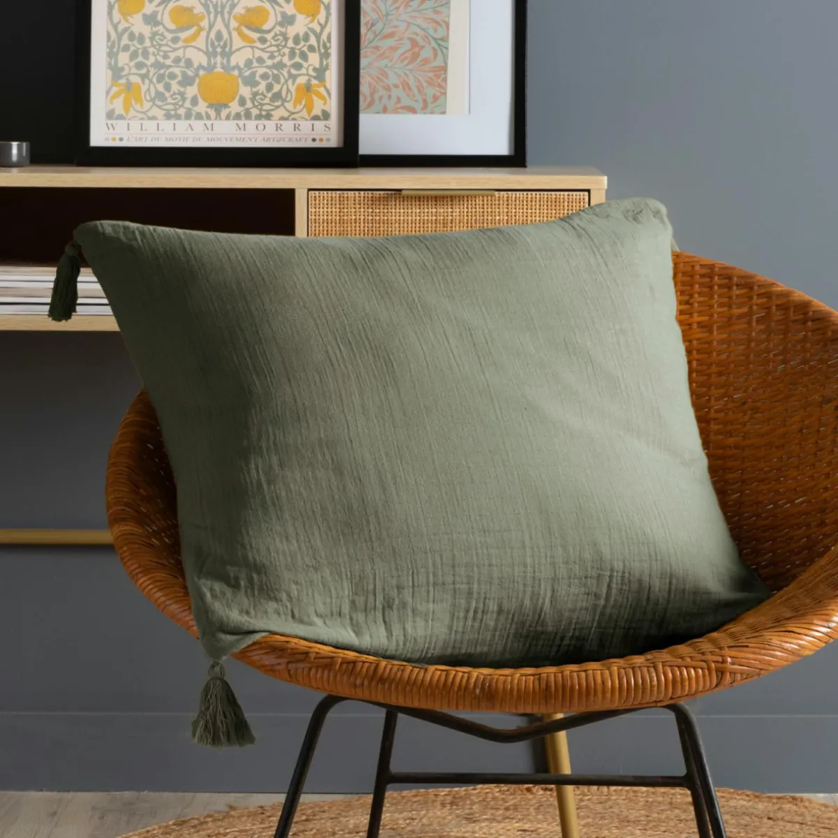 EMINZA Coussin carré gaze de coton (60 x 60 cm) Gaïa Vert romarin New