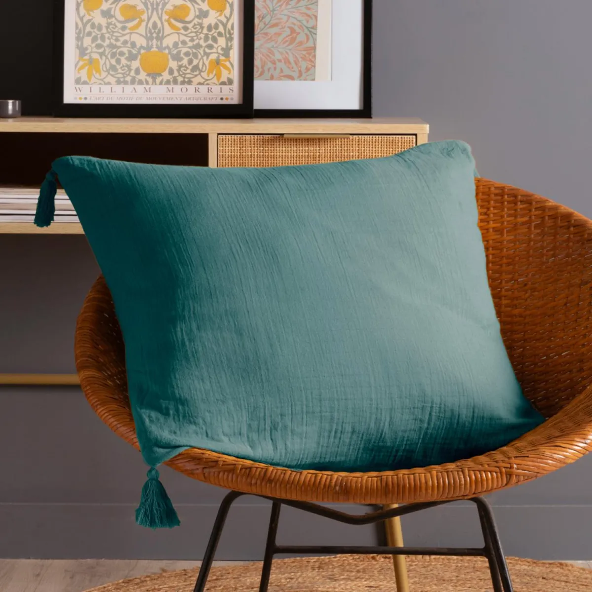 EMINZA Coussin carré gaze de coton (60 x 60 cm) Gaïa Bleu canard Online