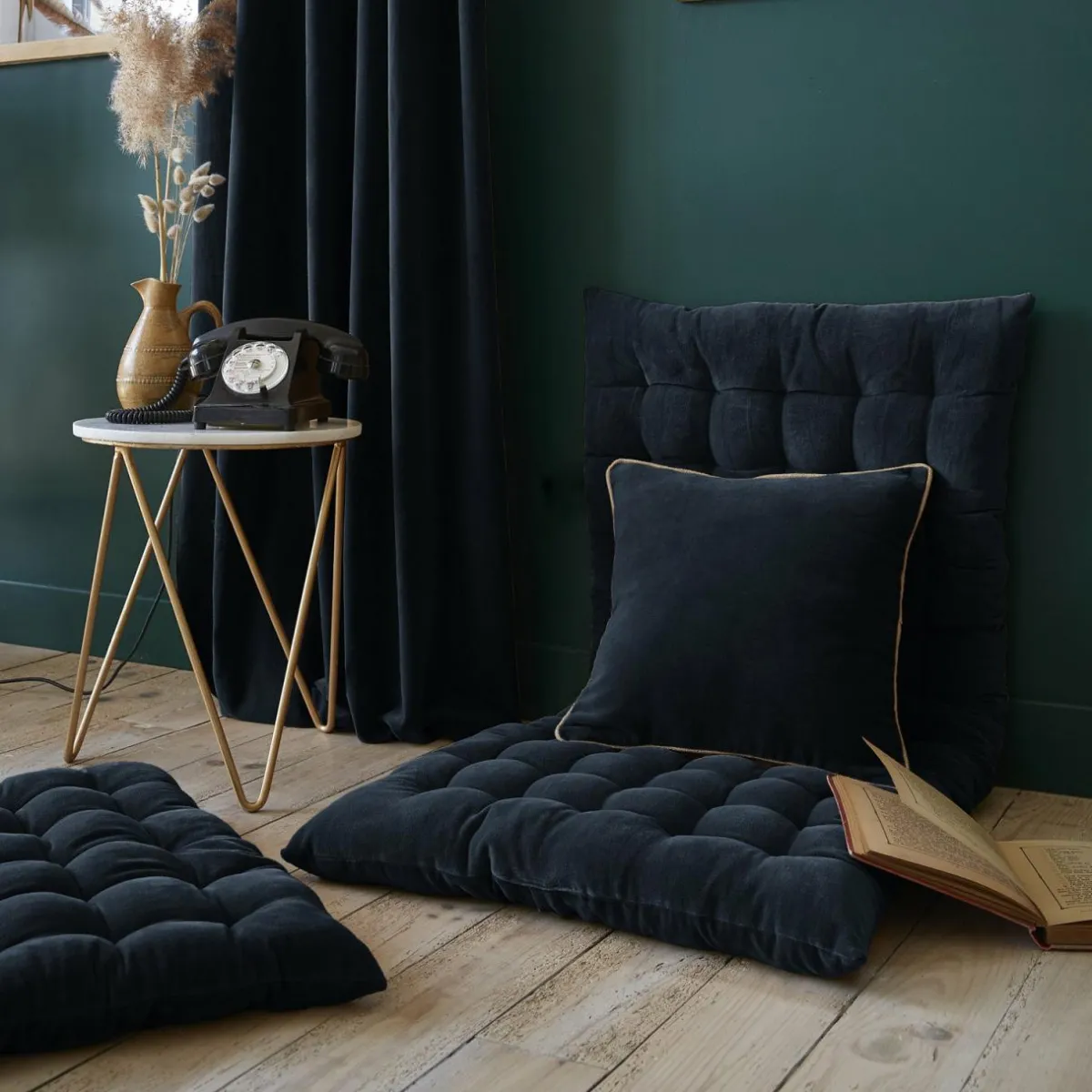 EMINZA Coussin carré velours de coton (45 x 45 cm) Victor Bleu nuit Hot