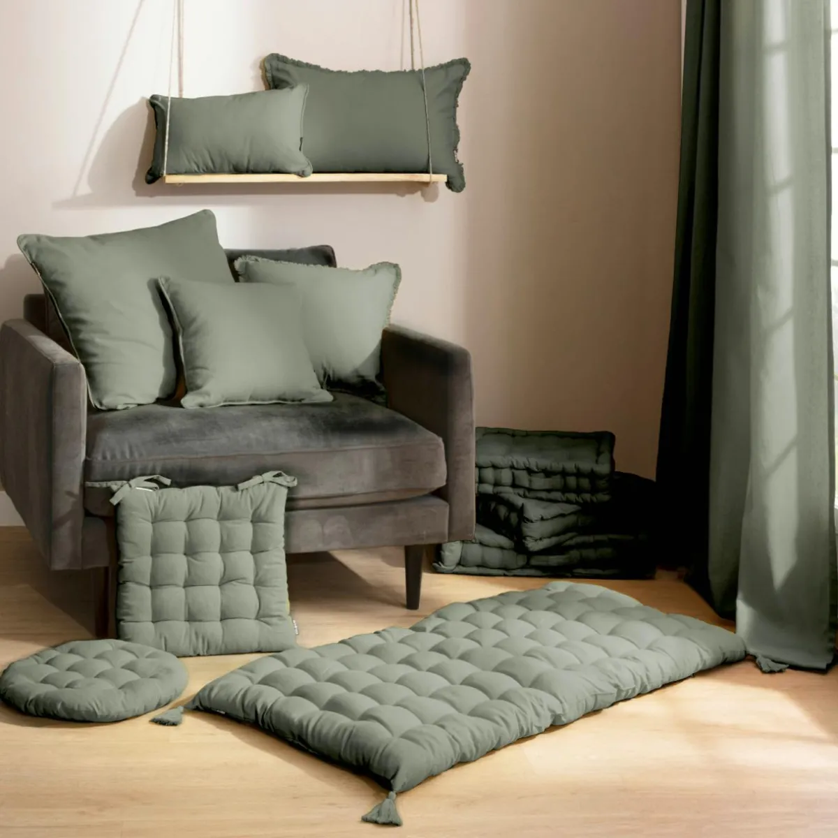 EMINZA Coussin de chaise carré coton (40 x 40 cm) Pixel Vert kaki