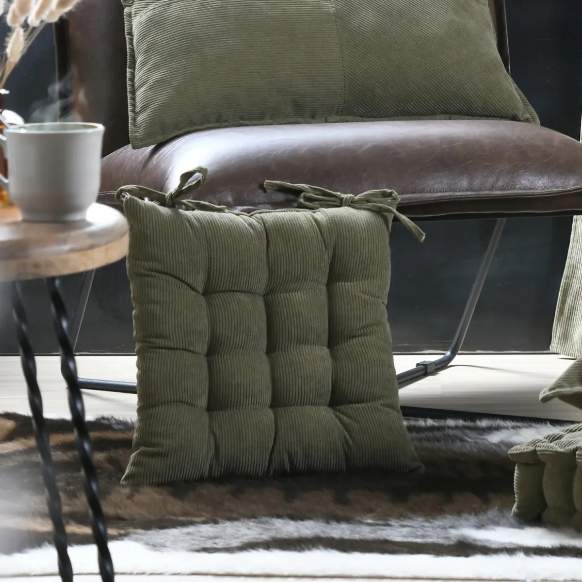 STOF Coussin de chaise carré velours (38 x 38 cm) Dandy Vert kaki Hot