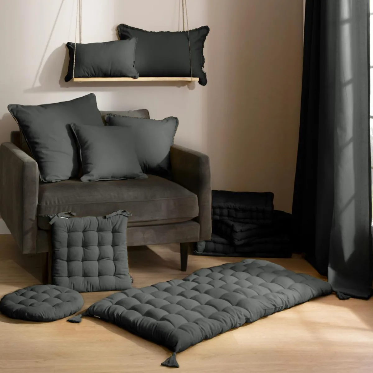 EMINZA Coussin de chaise rond coton (40 cm) Pixel Gris Anthracite New