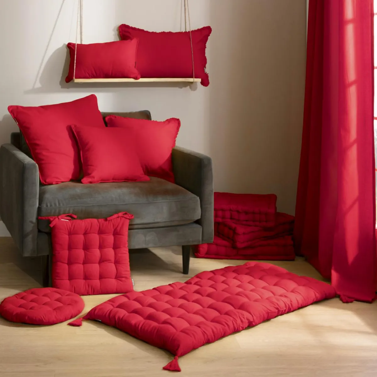 EMINZA Coussin de chaise rond coton (40 cm) Pixel Rouge New