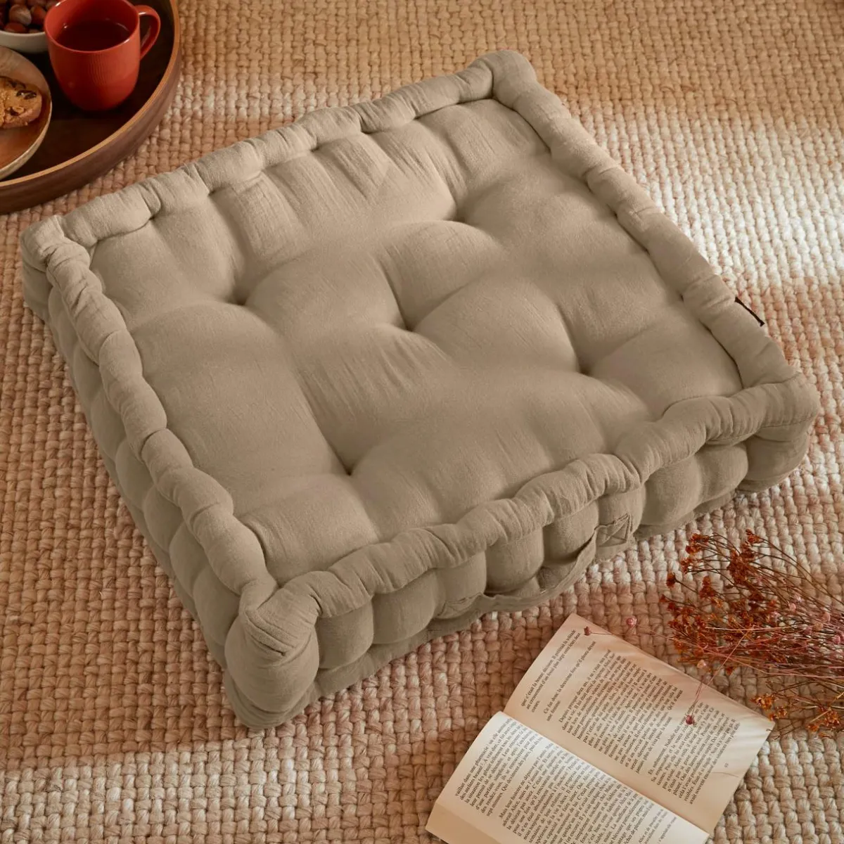 EMINZA Coussin de sol carré gaze de coton (50 x 50 cm) Gaïa Ficelle Outlet