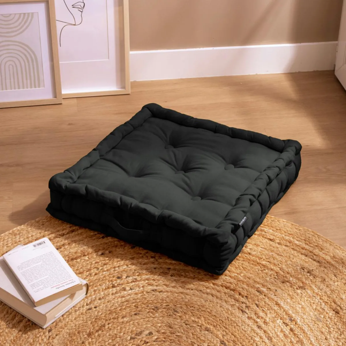 EMINZA Coussin de sol coton (50 x 50 cm) Pixel Noir New