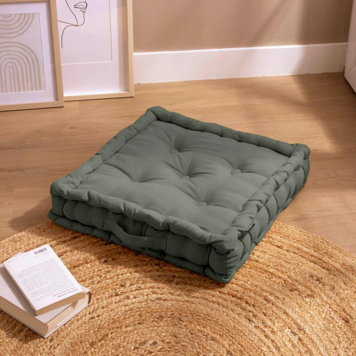 EMINZA Coussin de sol coton (50 x 50 cm) Pixel Vert kaki Outlet
