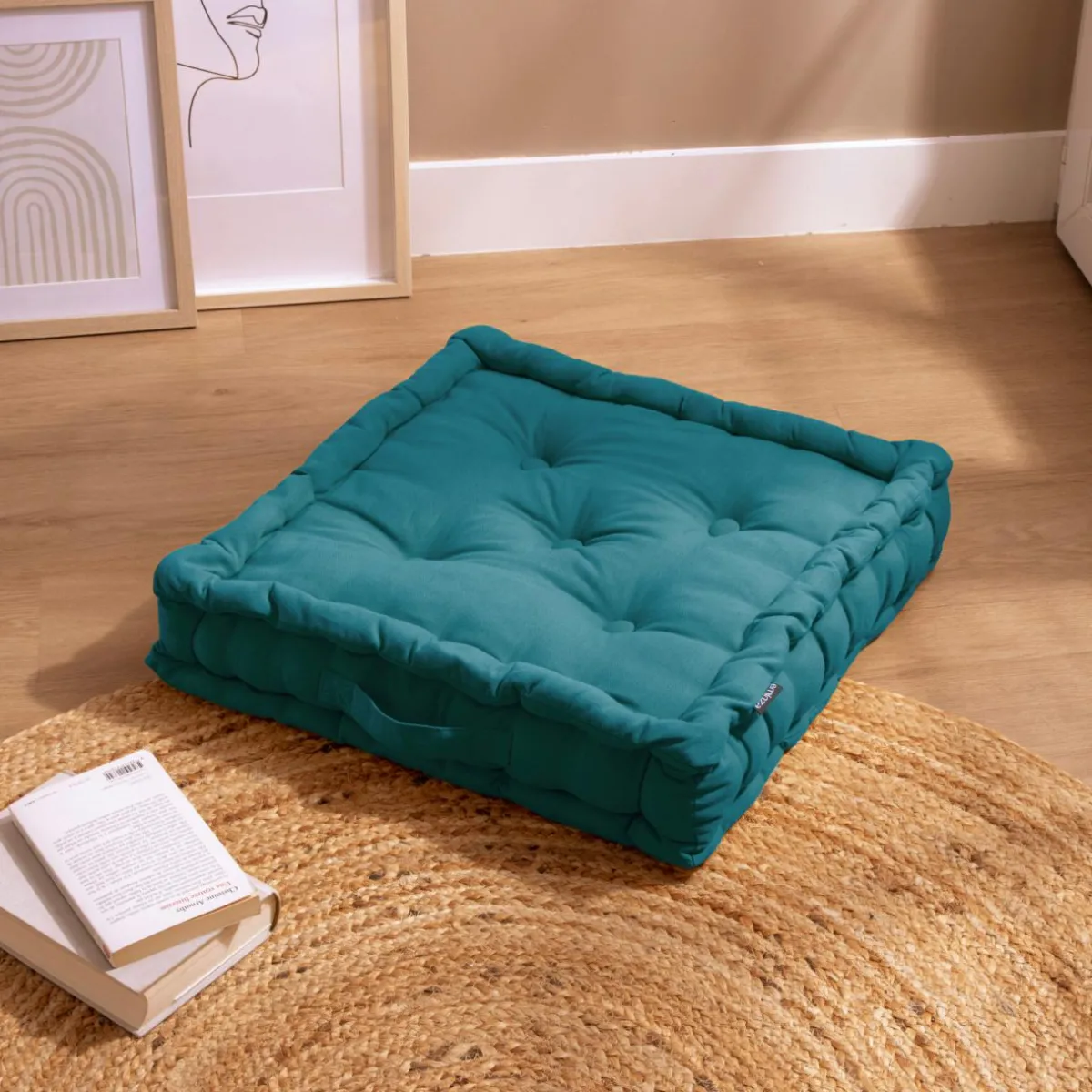EMINZA Coussin de sol coton (50 x 50 cm) Pixel Bleu canard Best
