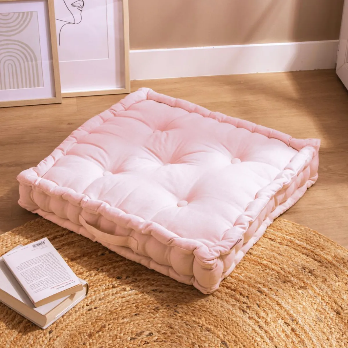 EMINZA Coussin de sol coton (60 x 60 cm) Pixel Rose poudré Discount