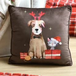 LOVELY CASA Coussin Noël carré (40 cm) Joyeux Marron Chocolat Best