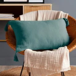 EMINZA Coussin rectangulaire gaze de coton (40 x 60 cm) Gaïa Bleu canard Sale