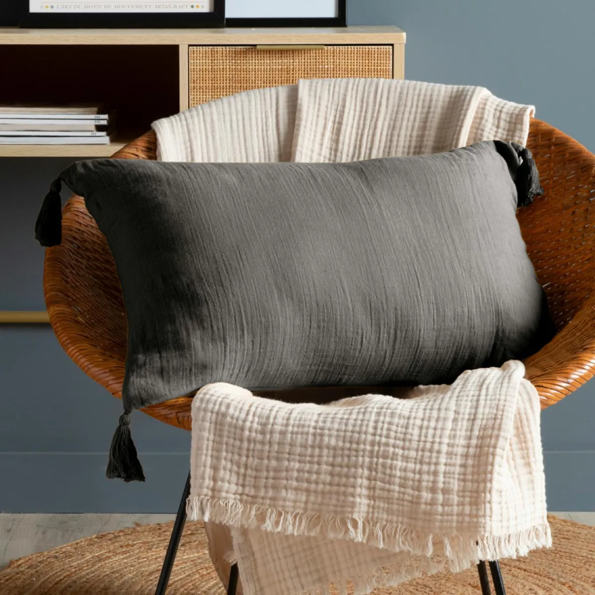 EMINZA Coussin rectangulaire gaze de coton (40 x 60 cm) Gaïa Gris granit Gris foncé Best