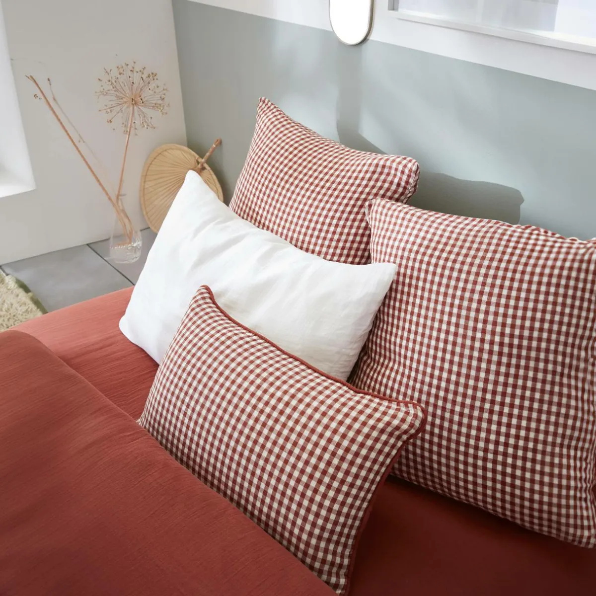 EMINZA Coussin rectangulaire gaze de coton (40 x 60 cm) Gaïa vichy Terracotta Discount