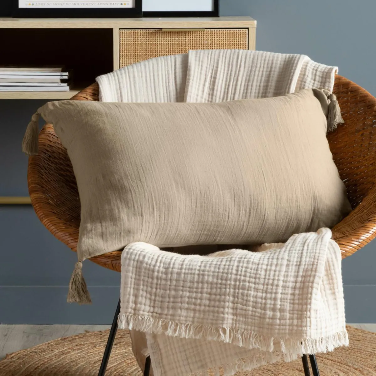 EMINZA Coussin rectangulaire gaze de coton (40 x 60 cm) Gaïa Ficelle Clearance