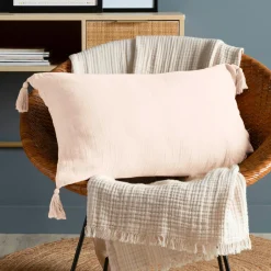 EMINZA Coussin rectangulaire gaze de coton (40 x 60 cm) Gaïa Rose poudré Sale