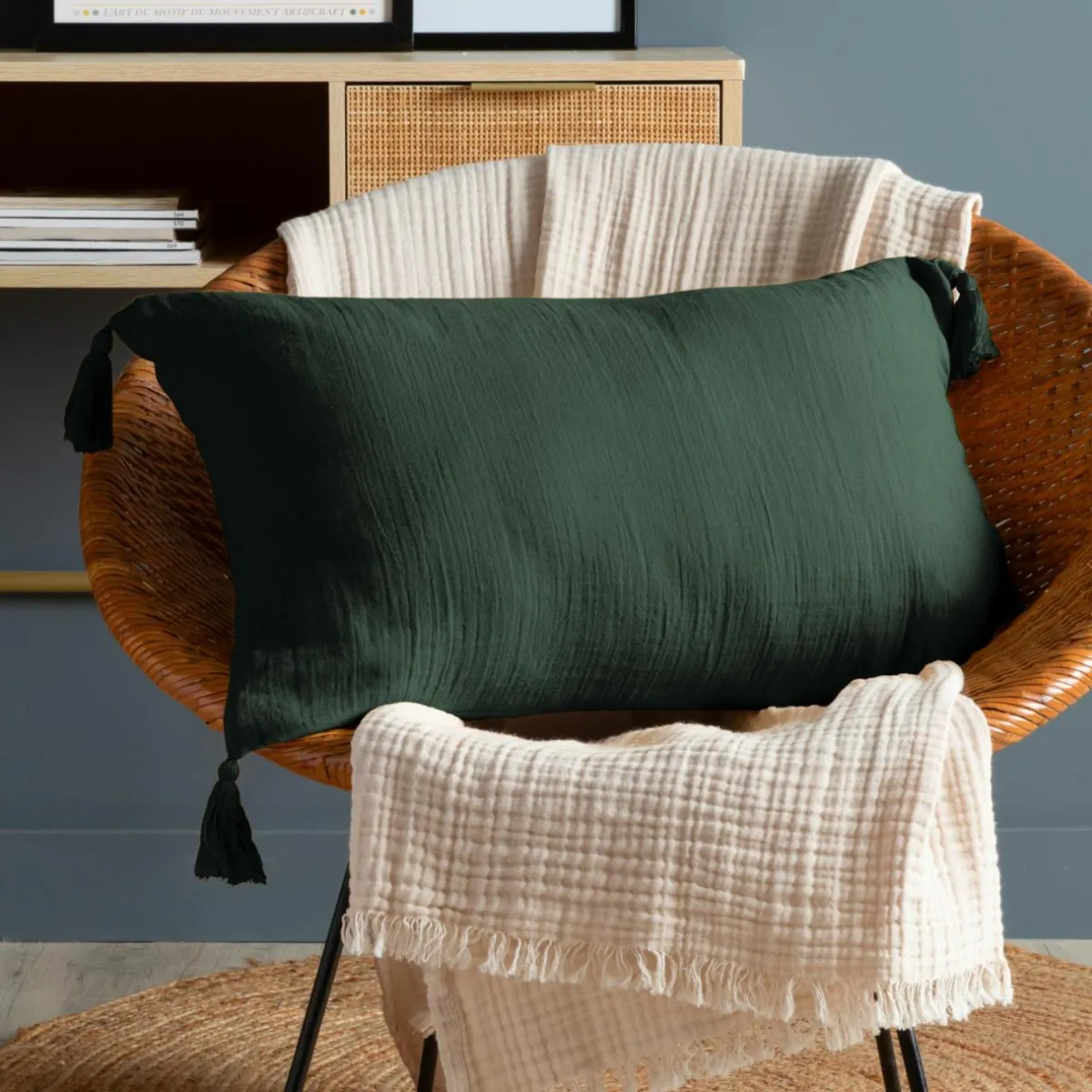 EMINZA Coussin rectangulaire gaze de coton (40 x 60 cm) Gaïa Vert sapin Clearance