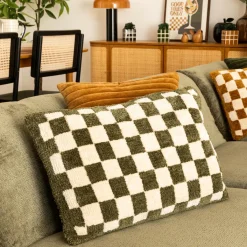 Atmosphera, cru017dateur d'intu017drieur Coussin rectangulaire tufté (38 x 58 cm) Damier Vert kaki Hot