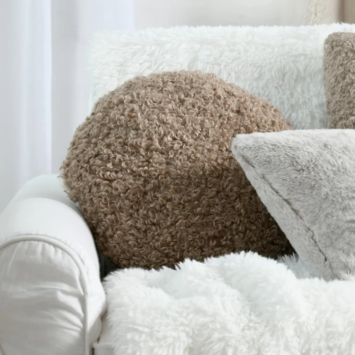 STOF Coussin rond bouclette (40 cm) Cosylife Taupe Discount