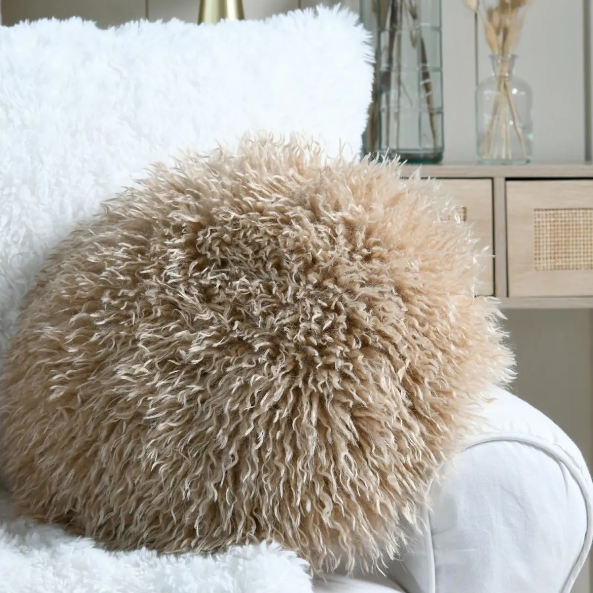 STOF Coussin rond fausse fourrure (40 cm) Cosylife Beige Discount