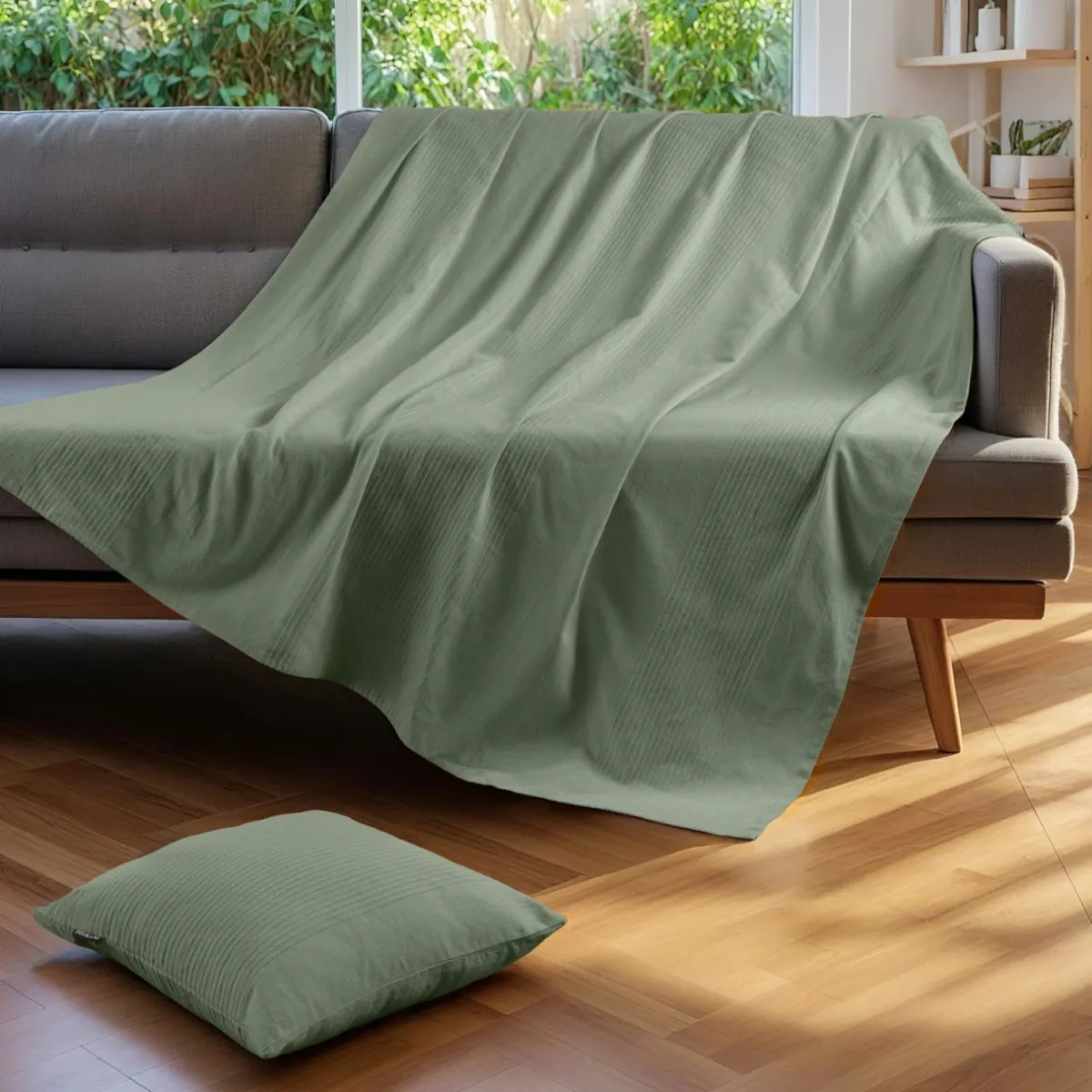 EMINZA Couvre-lit coton tissé (220 x 250 cm) Léa Vert romarin